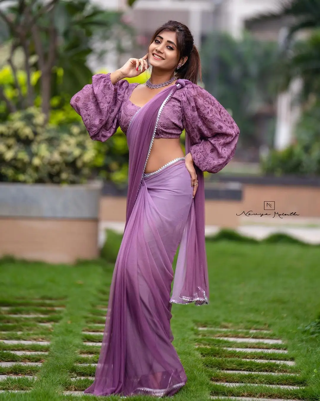 Vasanthi Krishnan Wearing Violet Saree Blouse